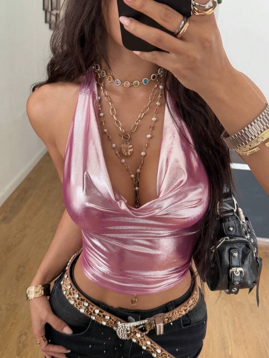 Coolane Women's Y2K Leather Cowl Neck Camisole Tops Sexy - Pink - View 1