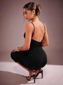 Hauture 优雅性感无袖低背扭纹细节情人节中长连衣裙 - 黑色 - 查看 3