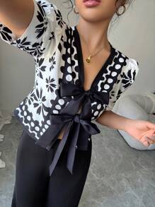 Elenzga 2 件套女士黑白印花优雅衬衫和阔腿裤，春秋 - 彩色 - 查看 6