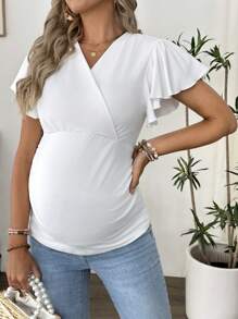SHEIN Maternity V-Neck Ruffle Sleeve Tight Fitting T-Shirt - White - View 5