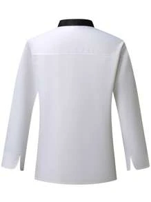 Manfinity Homme Men's Contrast Collar Front Button Chef Shirt Men Dress Shirts Dress Shirts For Men,1pc Unisex Black Chef Jacket, Single Breasted, Short Sleeve, Comfortable, Breathable, Ideal For Kitchen, Baking, Restaurant, Hotel Work - White - View 2