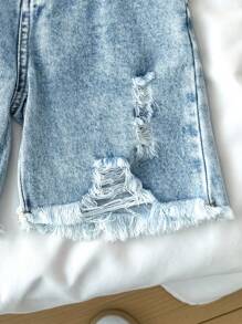 SHEIN Young Girl 2025 New Y2k Light Blue Distressed Frayed Denim Middle Pants - Light Wash - View 7