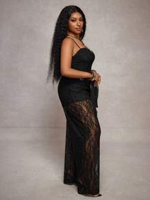 Veslaya 大码无袖性感透视蕾丝连体裤 - 黑色，优雅适合派对、约会、音乐节 - 黑色 - 查看 4