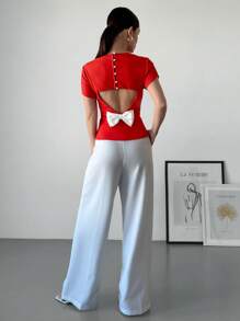 Firerie Women's Red Knitted Casual Blouse With Short Sleeves, Round Neck, And Pearl Button Back Detail - White - View 6