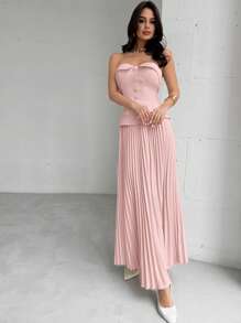 Firerie 2pcs Women Office Commuter Set: Strapless Simple Top And Pleated Skirt - Pink - View 6