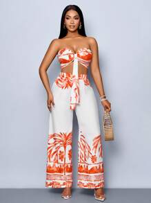 SOLERSUN Summer Women's Clothing, Casual Vacation, White Background Orange Flowers, Sleeveless Tube Top, Front Center Tie, Back Pleated Top, Loose Wide-Leg Pants Suit, Woven Two-Piece Suit - Orange - View 7