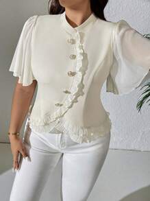 Celure Große Größen Hemd mit Stehkragen, Plissee Rüschenärmel, Metallknöpfe dekoriertes elegantes Hemd mit gerüschtem Saum