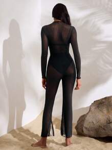 Opulessa Set da donna composto da 2 pezzi: body a maniche lunghe monocromatico e pantaloni a vita alta a zampa d'elefante, outfit da rave, outfit primaverili per festival, abito di Pasqua per donna - nero - Visualizzare 2