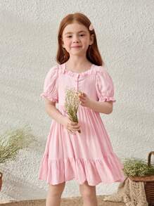 SHEIN Young Girls' French Elegant Pink Ruffle Trim Voluminous Puff Sleeve Dress, Spring/Summer - Pink - View 4