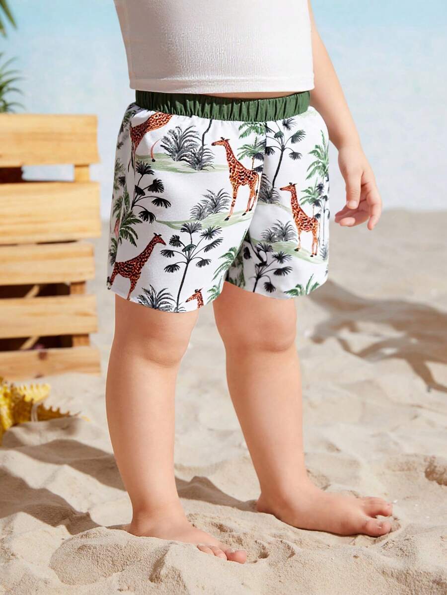 Baby Boy Casual Palm Tree Print Swimming Trunks (Print Randomly) - Green - View 1