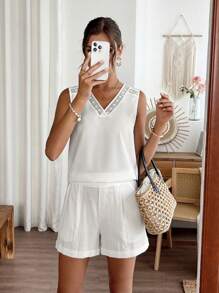 Women's Solid Color Contrast Lace Camisole And Shorts Casual 2 Pieces Set Matching Sets Women Short Sets For Women Summer - White - View 4