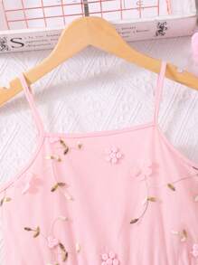 Tween Girls' Pink Floral Embroidered Mesh Summer Elegant Camisole Dress,Holiday,Summer,Travel - Dusty Pink - View 5