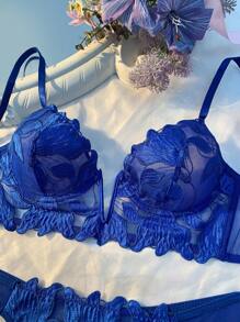 Esselle Set de 2 piezas lencería negra de estilo clásico francés con sujetador de escote en V y pantie - azul real - Ver 3