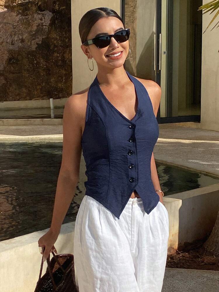 Summer New Urban Casual Style Cinched Waist Ladies Tank Top,Halter Top