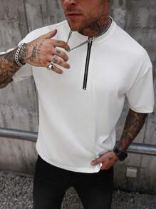 Manfinity Homme 男士休闲短袖纯色 Polo 衫，前拉链，夏季