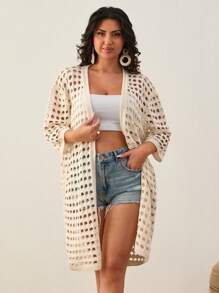 EURMUSE Drop Shoulder Open Knit Duster Cardigan - Beige - View 1