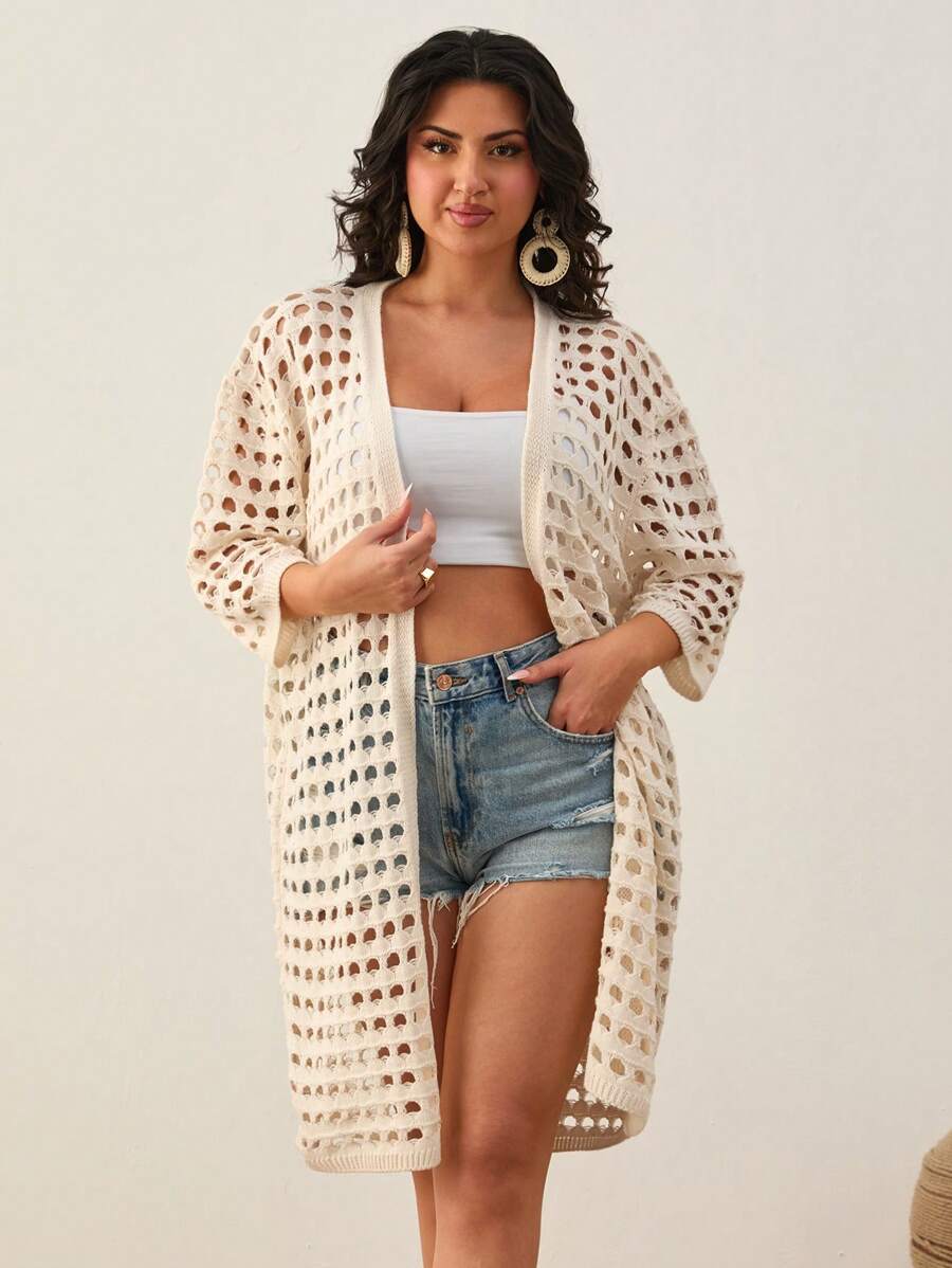 EURMUSE Drop Shoulder Open Knit Duster Cardigan - Beige - View 1