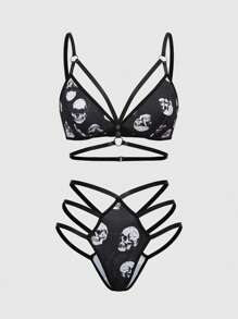 ROMWE Dark Gothic Skull Digital Print Triangle Bra And Thong Lingerie Set - Black - View 1