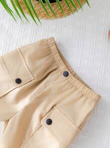 SHEIN Baby Boy & Girl Casual Sports Utility Pocket Shorts, Suitable For Spring And Summer, Indoor And Outdoor Wear - Khaki - View 8
