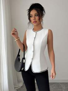 Selianne 蕾丝提花无袖白色褶皱腰衬衫，适合正式、休闲和日常穿着，春夏季