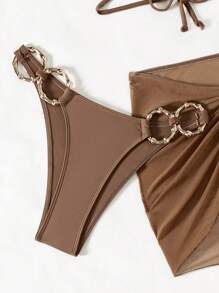 Swim SXY 3pcs/Set Solid Color Metal Ring Double Strap Hollow Design Side Panel With Rings Matched With High-Waisted Ruffle Skirt & Ribbon Embellished Bikini Set, Beach Vacation Style For Summer - Coffee Brown - View 8