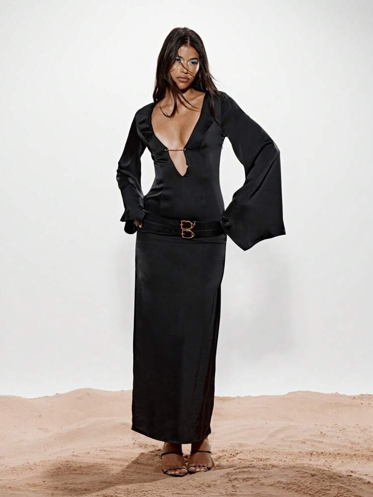 KIZN Satin Plunge Neckline Maxi Dress With Bell Sleeve And Belt