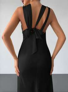 Firerie The New Yellow Satin Silk Elegant Backless Strappy Collar Ruffled Hem Long Dress Is Suitable For Wedding Season, Bridesmaid Dresses, Date Night, Cocktail Parties, Graduation Ceremonies, Garden Parties, Vacations And Other Occasions, Highlighting The Body Curves And Highlighting Personal Unique Charm,Rave Outfits Festival - Black - View 5