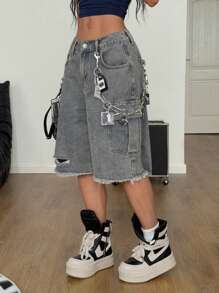 Coolane Casual losse denim shorts met wijde pijpen voor dames met meerdere klepzakken en gerafelde zoom