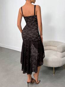 INAWLY Summer Sexy Fitted Lace Spaghetti Strap Slit Dress - Black - View 2