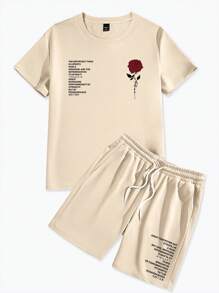 Manfinity Homme 男士标语花卉印花短袖圆领休闲 T 恤和抽绳腰短裤套装，舒适服装