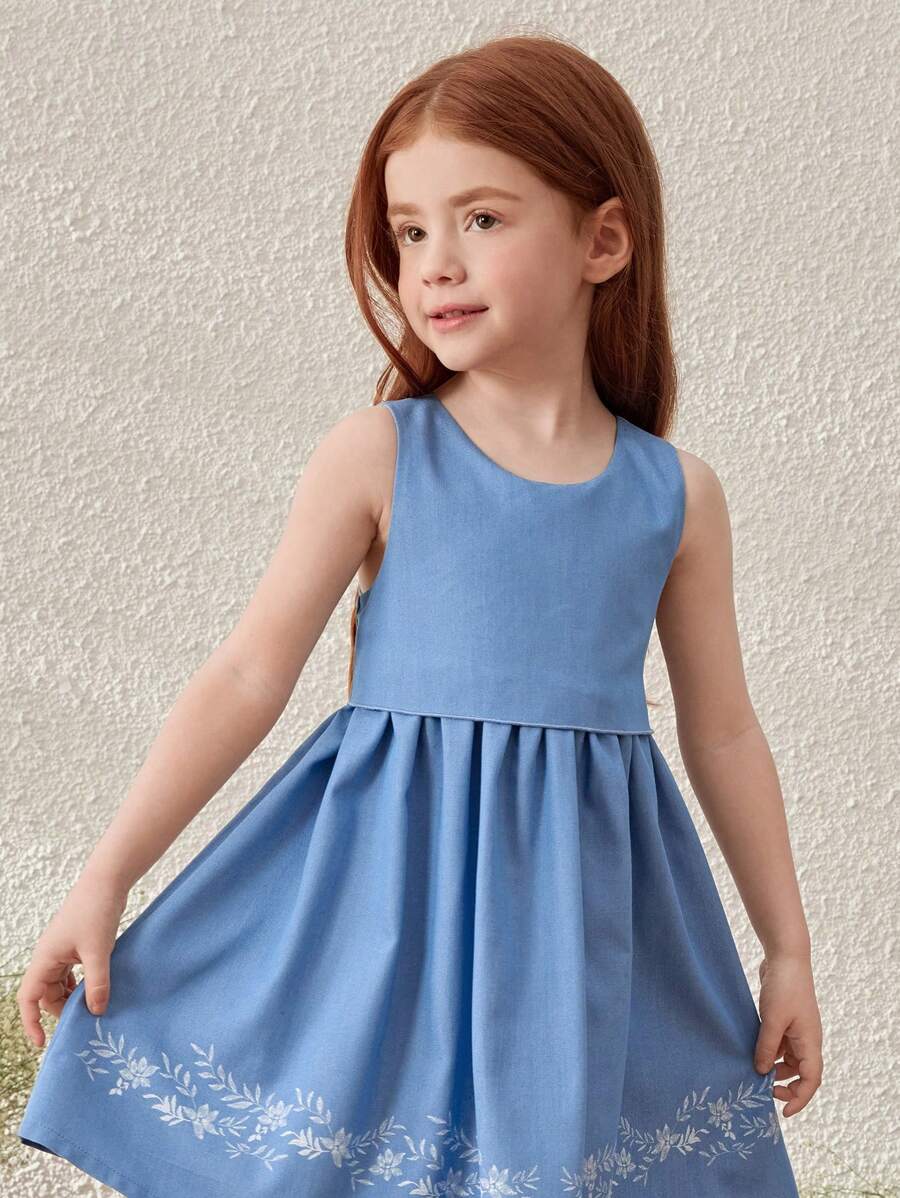 Blossori 年轻女孩法式优雅蓝色下摆仿刺绣印花无袖连衣裙，春夏 - 藍色 - 查看 1