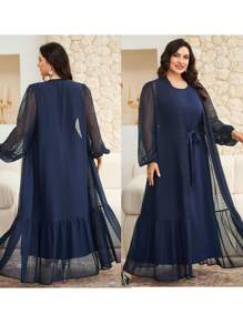 Veilorie Plus Size Solid Sleeveless Tie Waist Robe And Polka Dot Mesh Robe Arabic Outfit