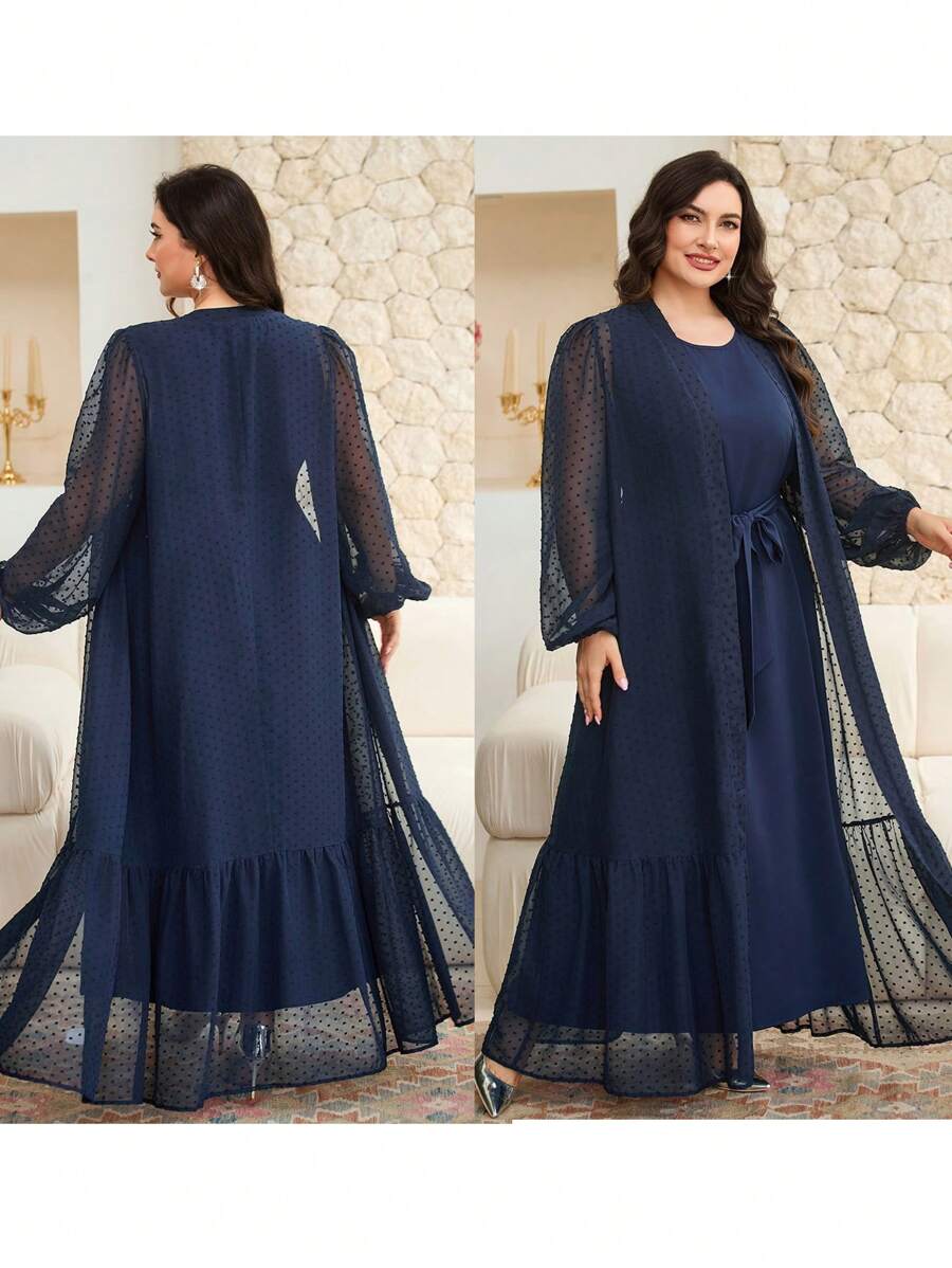 Veilorie Plus Size Solid Sleeveless Tie Waist Robe And Polka Dot Mesh Robe Arabic Outfit