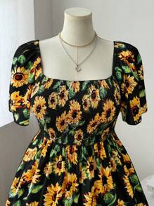 Flirla Váy xòe họa tiết hoa hướng dương cỡ lớn cho nữ, thanh lịch khi đi nghỉ dưỡng, đi nghỉ, đi biển, mùa xuân/hè - màu đen - Xem 3