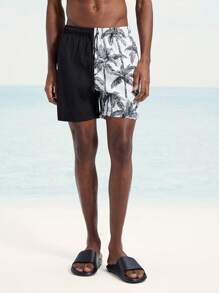 Surfspeed Men's Palm Tree Print Drawstring Waist Casual Beach Shorts  Man Swim Trunks - Black and White - View 5