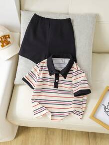 SHEIN مجموعة ملابس علوية كاجوال فضفاض مضفر وشورت مزين بشريط مخطط ملائمة لحديث الولادة ذكر/أنثى ، مناسبة للربيع/الصيف ، ارتداء المنزل ، الخروجات ، الحفلات - الأزرق - مشاهدة 7