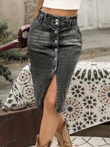 SHEIN LUNE Women's Casual Denim Skirt With Pockets And Side Slits - Grey - View 5