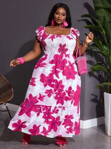 SHEIN CURVE+ Vestido holgado con estampado floral, volantes en el bajo y cinturón para vacaciones y ocio en tallas grandes, estilo bohemio
