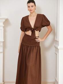Chiquease 2pcs Women Deep V-Neck Puff Sleeve Top And High Waist Pleated A-Line Skirt Set   Old Money Style For Summer - Brown - View 1