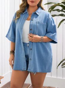 EMERY ROSE Plus Size Summer Casual Holiday Denim Jacket - Light Wash - View 1