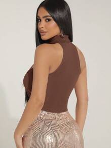 Hauture Top corto halter de punto acanalado de dos formas para el verano - Marrón - Ver 2