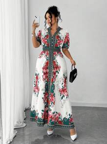 Elenzga Plus Size Women Casual Elegant Versatile Artistic Print Long Dress, Suitable For Summer, Back To School, Graduation, Festivals, Valentine's Day, Music Festivals, Mother's Day, Halloween, Thanksgiving, Easter, National Day, Dances, Dates, Parties, Outdoor Activities - Multicolor - View 3