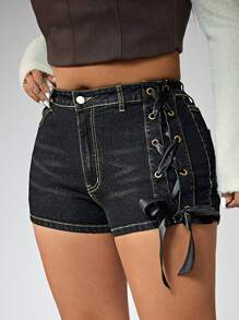 Jeanoix Pantaloni scurți din denim pentru femei, stil cowboy occidental, mărime plus, la modă, spălati, albastru închis, cu elastic ridicat, cu bowknot, de vară - Spălare întunecată - Vizualizare 2