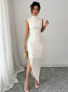 Elenzga Women Wave Texture Bodycon High Slit Dress - Apricot - View 4