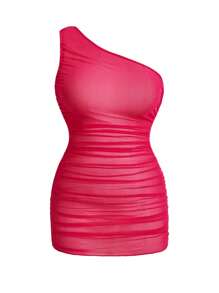 SHEIN Slayr CURVE Vestido elegante de vacaciones y playa con hombro asimétrico, sin mangas, de tela translúcida y fruncida para mujeres de tallas grandes en color fucsia - Rosa Fucsia - Ver 1
