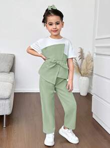 Firerie Kids Firerie Kids 2pcs/Set Young Girl Knit Patchwork Contrast Color Top And Woven Long Pants