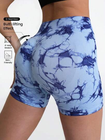 Seamless Tie Dye Sports Shorts Blue ShortsWomen Sweat Short, Gym Short, Biker Short