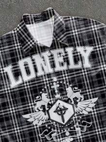 Manfinity EMRG Nuova camicia stampata con grafica di slogan a scacchi a fiamma per primavera/estate, stile casual di strada