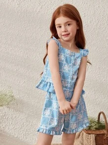 Blossori Young Girls Elegant French Style Blue Floral & Geometric Print Top And Shorts Set, Spring/Summer - Blue - View 7