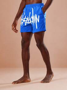 SUMWON Signature Graffiti Style Board Shorts Athletic Beach Surfing Swimming Trunks Summer Sports Pool Party Vacation Lounge Essential Modern Urban Design Swimwear - Royal Blue - View 5